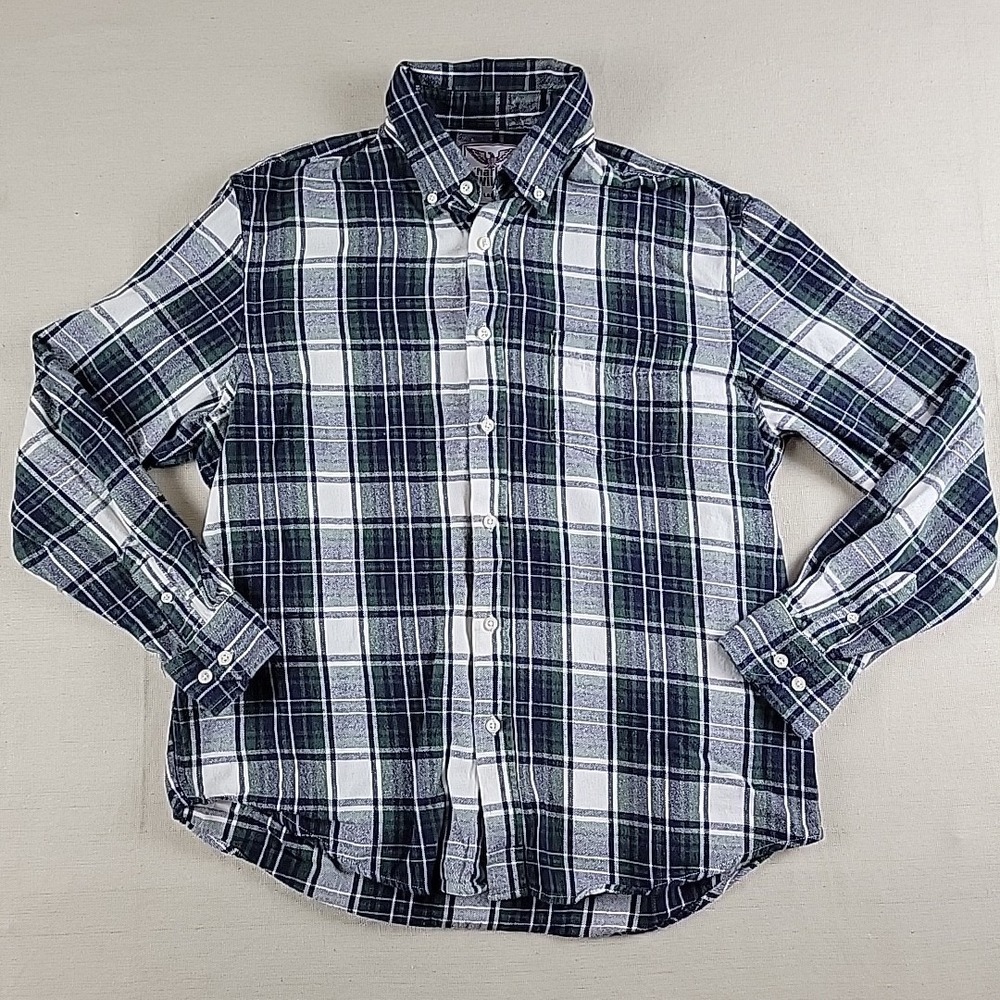 Charles Wilson Plaid Button Down Shirt Mens Large Green White Cotton Long Sleeve